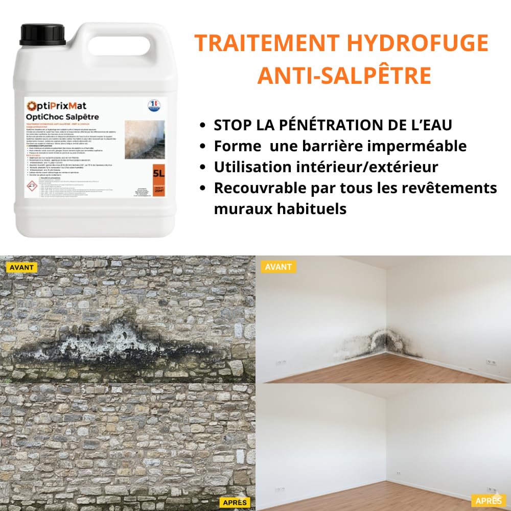 OPTICHOC SALPÊTRE – Traitement Hydrofuge Anti-Salpêtre Intérieur/Extérieur – Stoppe l’Humidité et les Remontées Capillaires – Prêt à l’Emploi – Incolore et Inodore – Bidon 5L (≈25 m²)