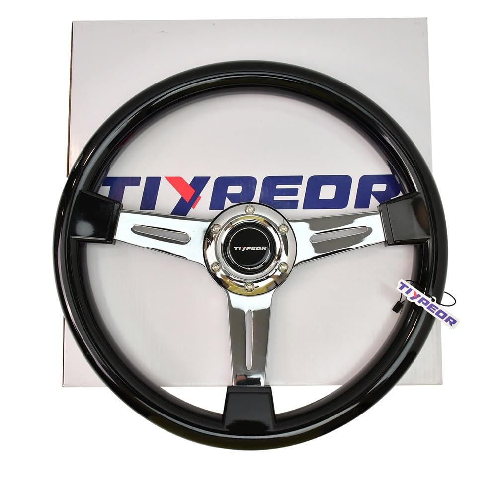 Volante classico in legno di ricambio 350 mm 14" universale per auto, volante retrò con 6 pulsanti clacson e 3 razze cromate, stile vintage per auto, simulazione di guida, motorsport, JDM