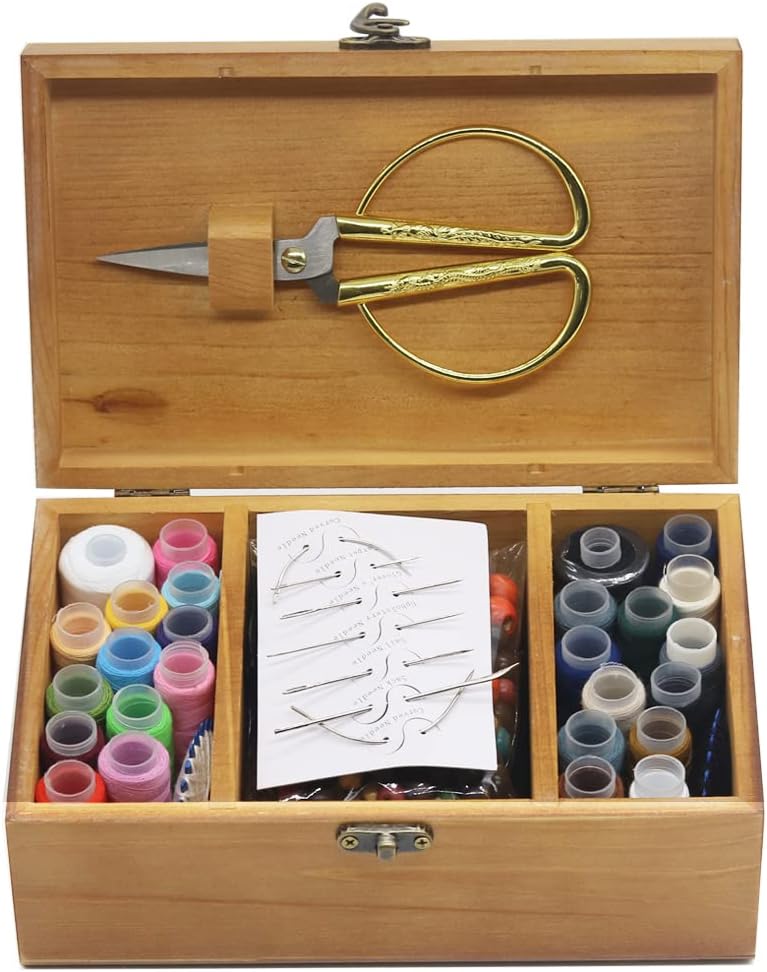 Flrhsjx Sewing Tools Kit with Wooden Box, Vintage Basic