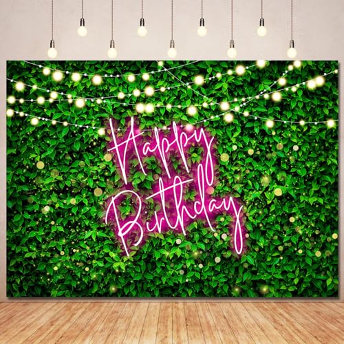 Ayayiya Green Leaves Birthday Backdrop Pink Birthday Decorations,Pink Neon Happy Birthday Backdrops Banner Greenery Grass Photography Background Women Girls Bday Party Supplies Photo Booth Props 7x5ft