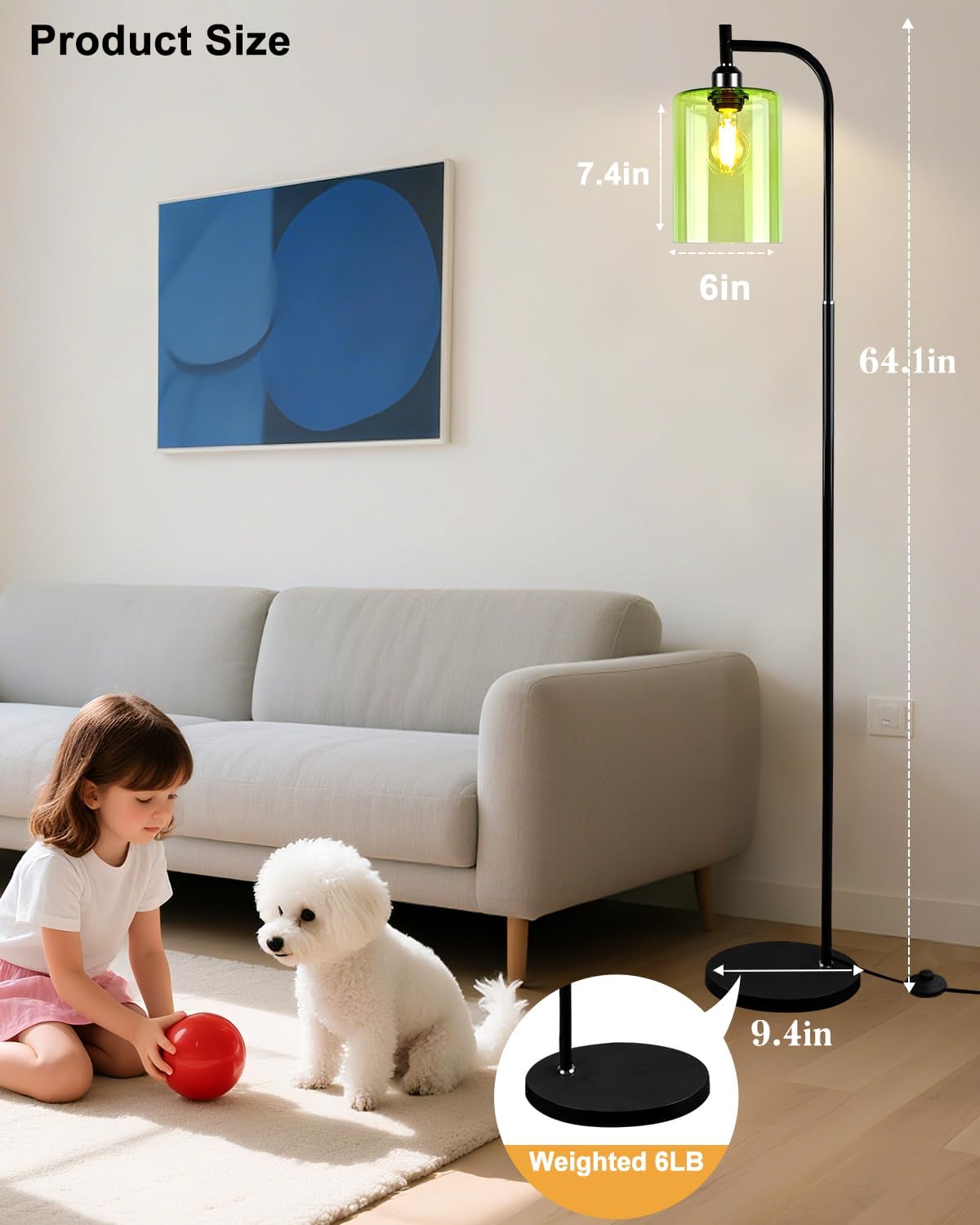 Lightdot 64IN Glass Floor Lamp for Living Room, Modern Standing Lamps with Green Ribbed Glass Lampshade& Bulb Included, Industrial Floor Lamp for Bedroom/Sofa Beside/Corner Decor-Black