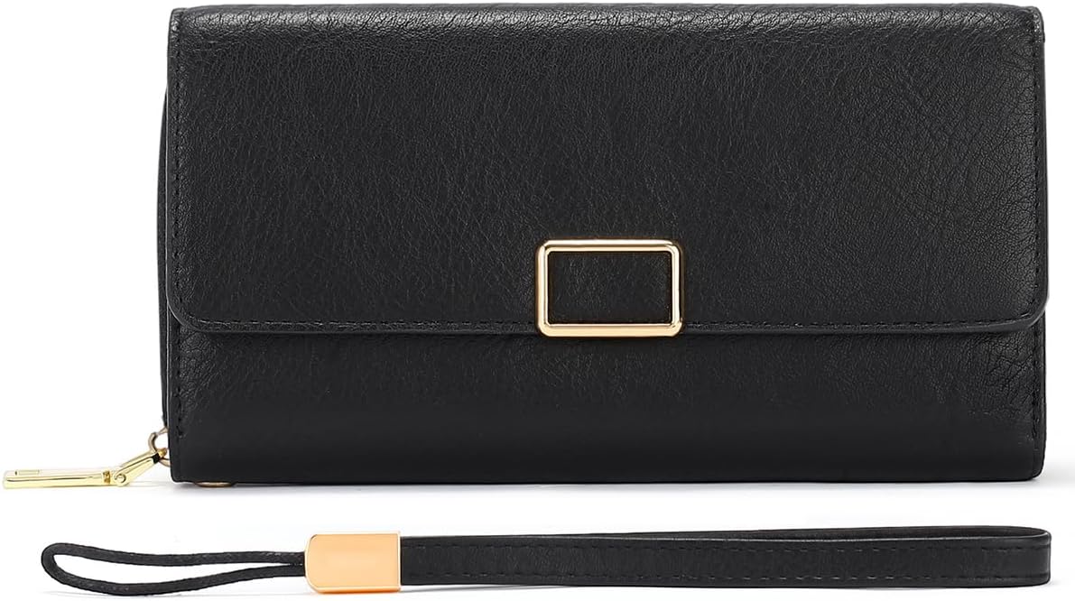 Women's RFID Blocking Genuine Leather Trifold Long Wallet Large Capacity Retro Clutch Purse for Travel (367-black)
