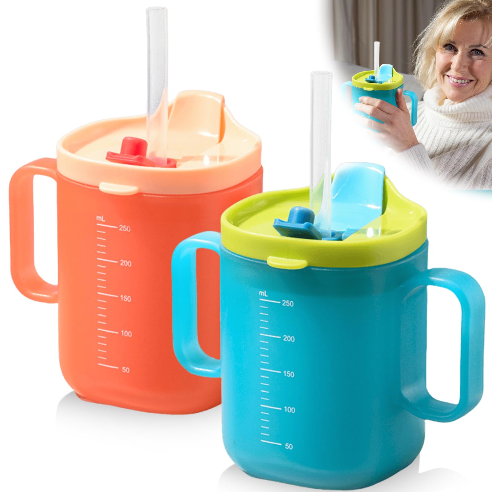 2 kubki z dzióbkiem dla seniorów: kubki do picia z uchwytem i tulejką, 300 ml, szczelne kubki dla osób starszych, dla seniorów, dorosłych (niebieskie, pomarańczowe)