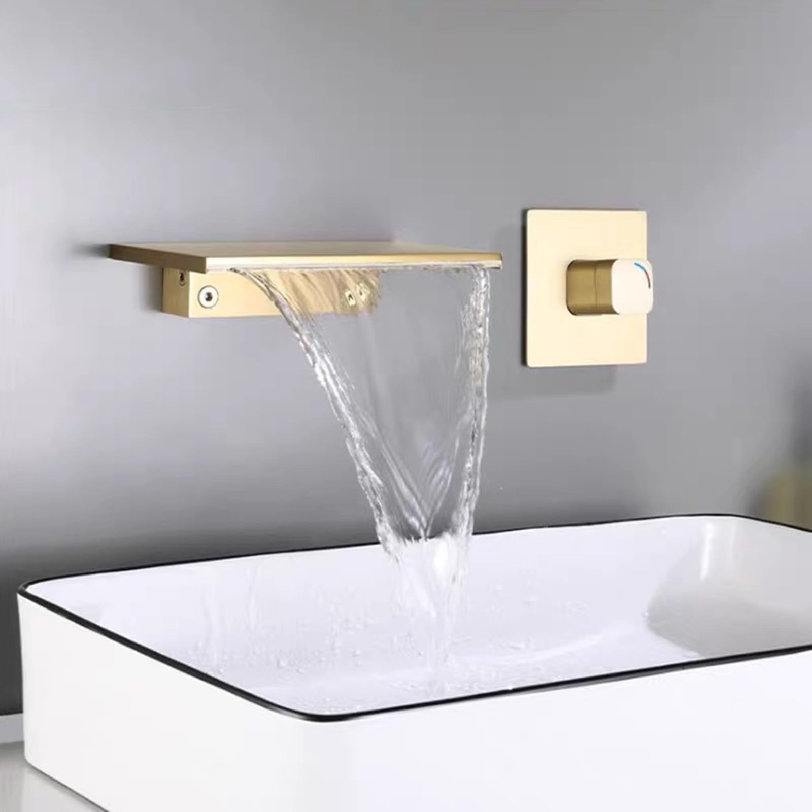 ZQFHSX Bathroom Basin Mixer Tap Wall Mounted Wide Mouth Single Handle Waterfall Taps Brass Split Type Tap,Brushed Gold
