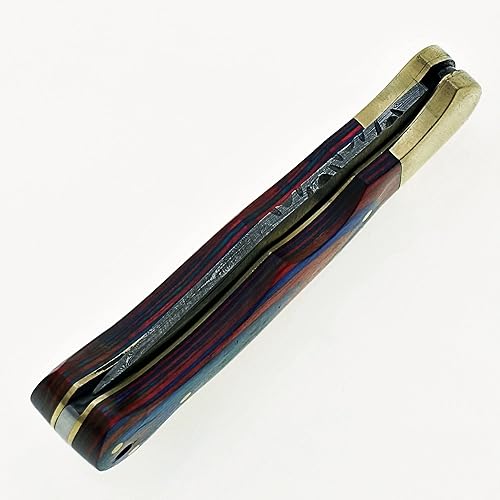 Miniatura 8 de Cuchillo plegable de acero Damasco hecho a mano y navaja de bolsillo SS-17482 madera roja y azul de color negro