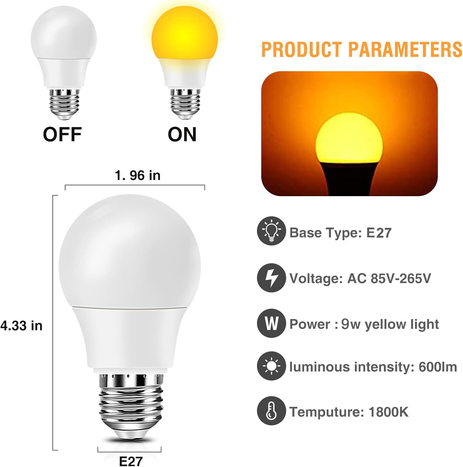Neporal Amber Light Bulbs, 9W 60W Equivalent A19 Soft Light Bulbs, 3 Pack Blue Light Blocking Warm Light Bulbs, 1800K Amber Night Light Bulbs for Healthy Sleep and Baby Nursery Light