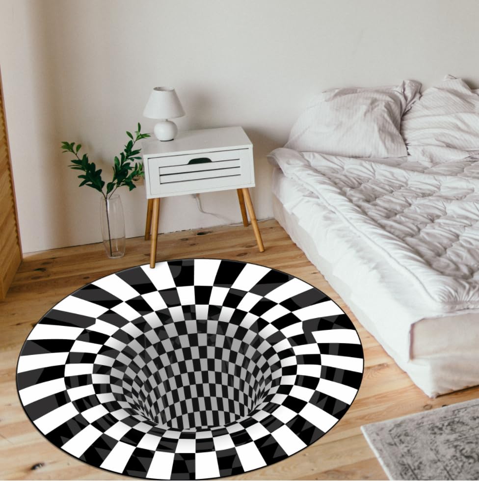 3D Vortex Illusion Round Carpet Black White Plaid Rugs 3D Visual Optical Floor Mat for Bedroom Living Room Home Decor Non-Slip Area Rug 4Ft