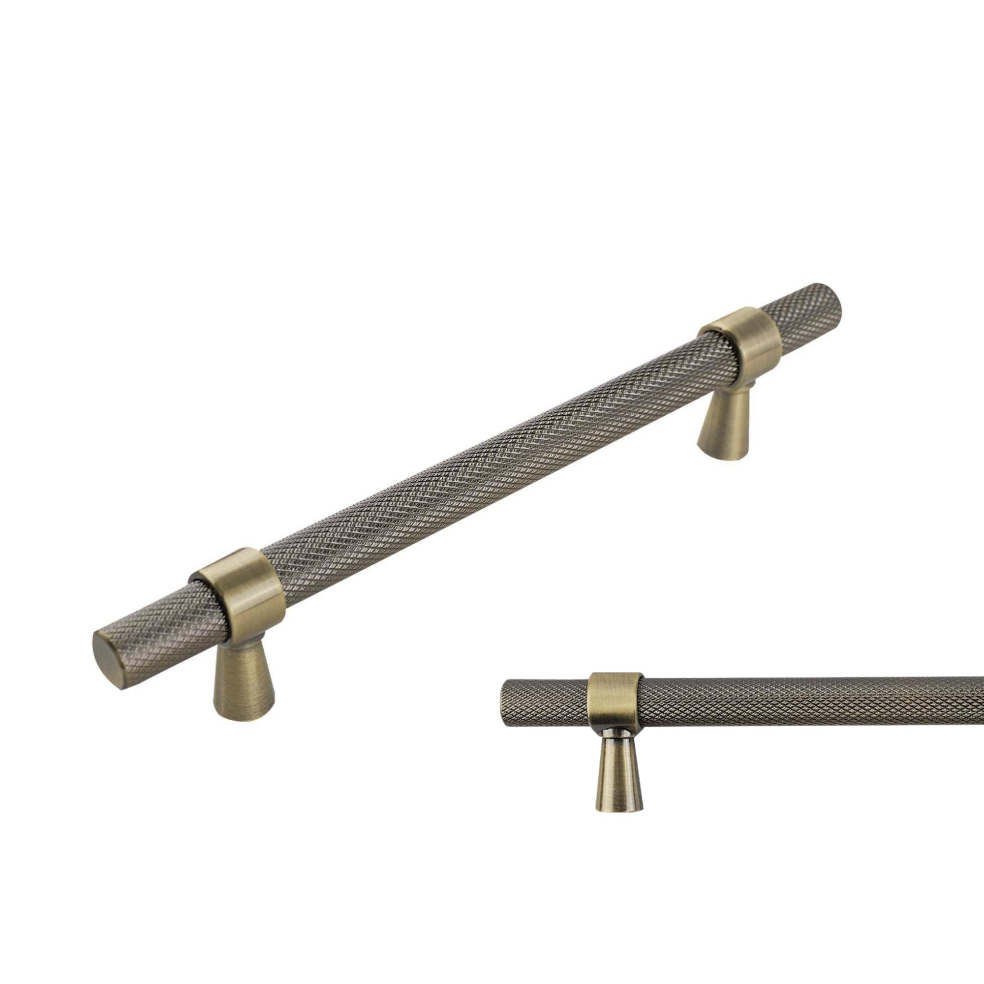 Keypak Antique Brass 10 Pack Knurled Kitchen Cupboard Handles, 128Mm Hole Centres, Aluminium T-Bar Pulls For Cabinet, Wardrobe Doors, Chest Of Drawers