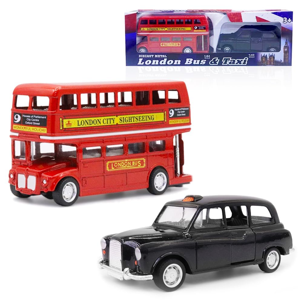 London Bus Diecast Model Double Decker Red Bus and Black Taxi Mini Models 1:32 Scale Pull-Back Buses Model Alloy Diecast Toy Vehicles Taxi Toys Metal Die Cast Free Wheeling Toy Gifts for Adults