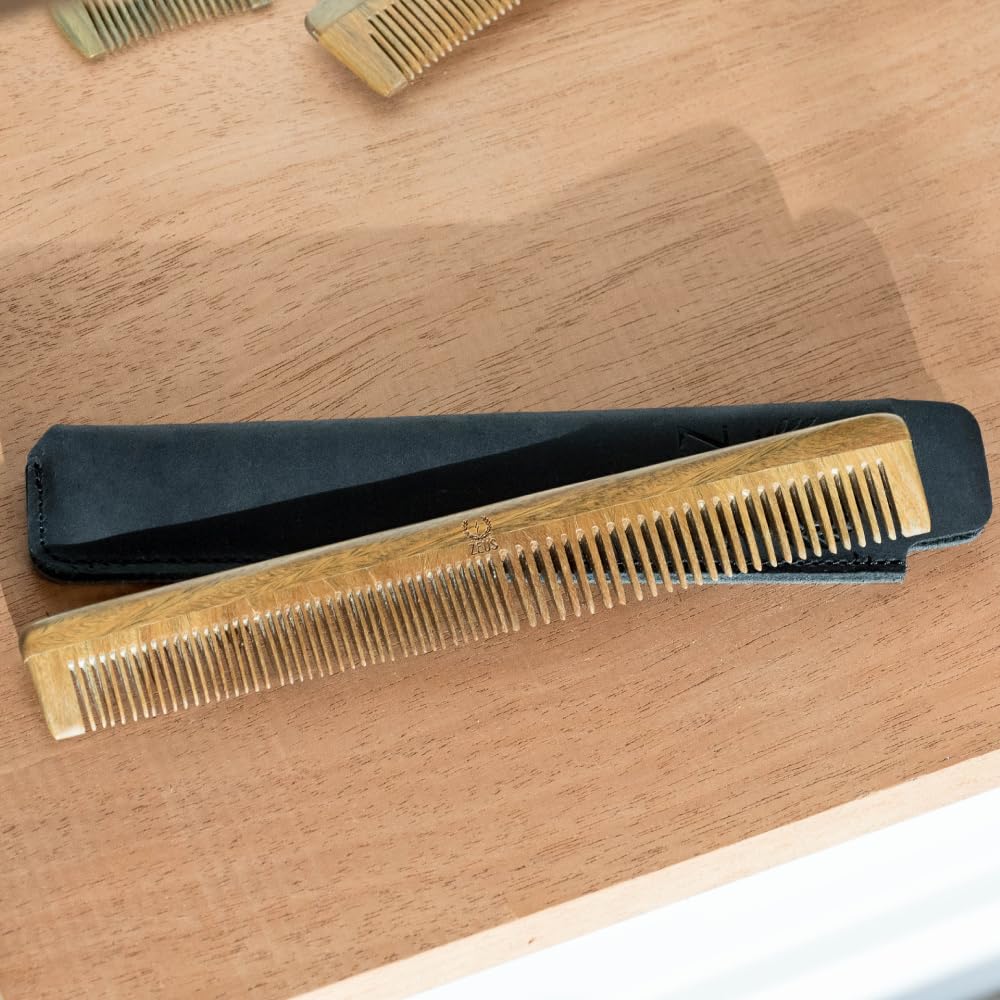 Peine para barba y bigote de sándalo con funda de cuero, peine largo hecho a mano con corte de sierra y antiestático (L31) 3