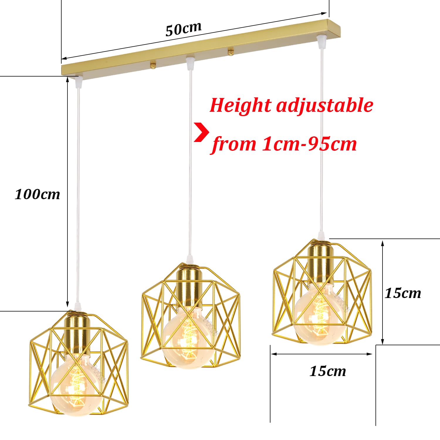 Lampadario a Sospensione Vintage 3 Luci Industriale E27 Plafoniera Retro in Metallo gabbia Lampada da soffitto per Cucina Salotto (Oro - con una barra)