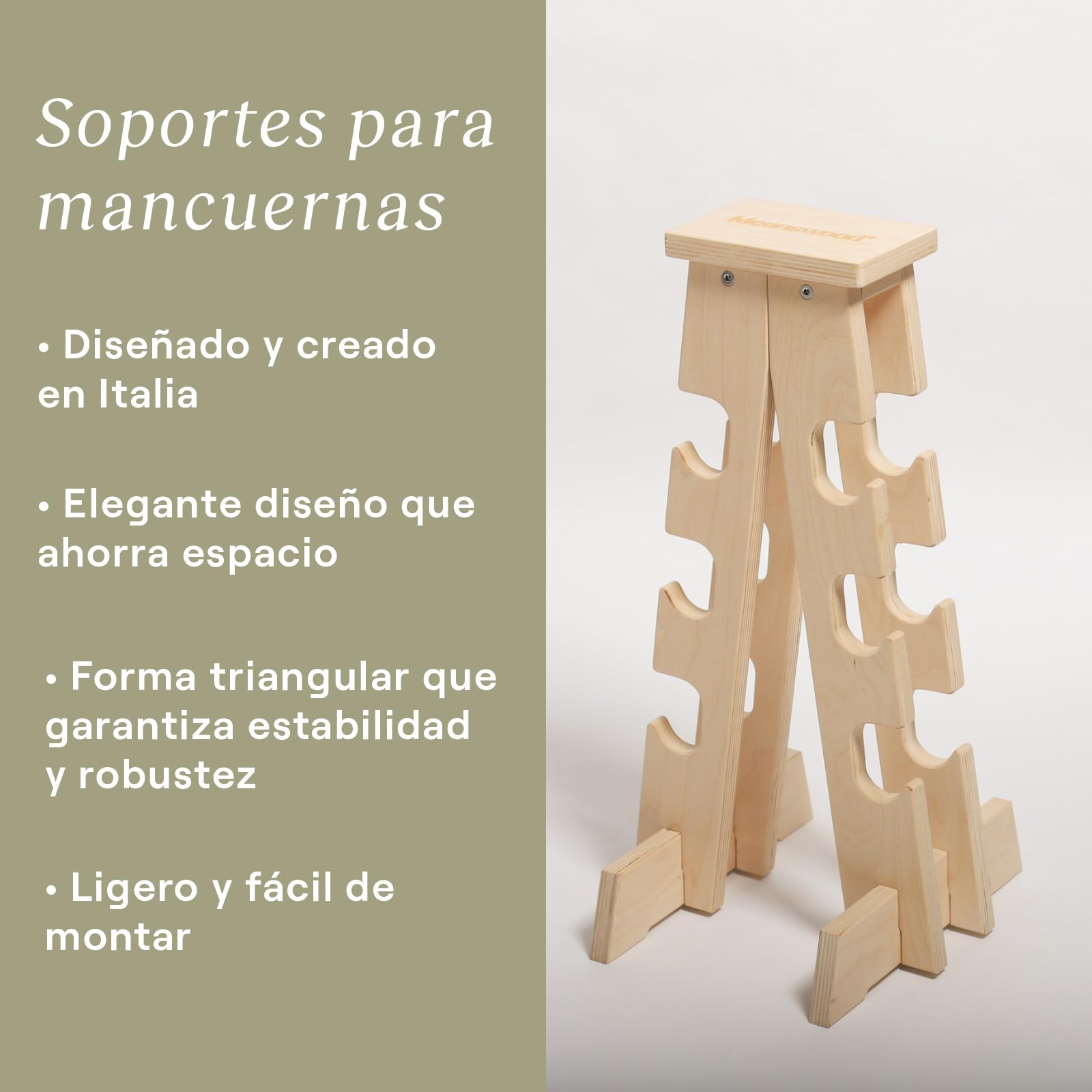 Meanswood Soporte para Mancuernas de Gimnasio en Casa – Estante para Mancuernas, Soporte de Pesas Ajustables, Estructura de Madera, Capacidad Máxima 70 kg (6 Pesas) - Made in Italy