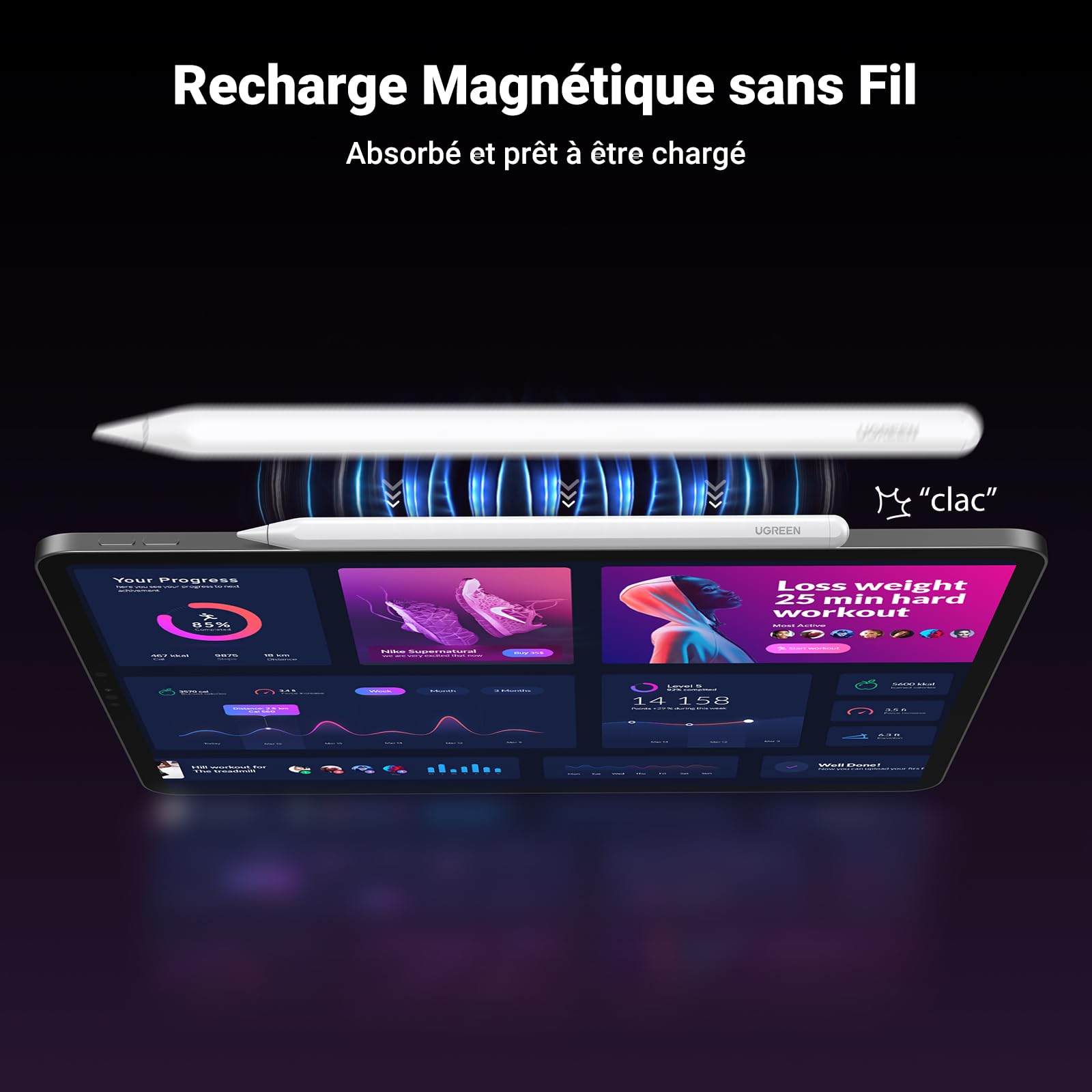 UGREEN Stylet Tactile Magnétique Charge sans Fil Rejet de Paume Détection d'Inclinaison Pencil Haute Précision Compatible avec iPad Pro 12,9/11 Pouces 2018-2022 Air 4/5 10 Mini 6