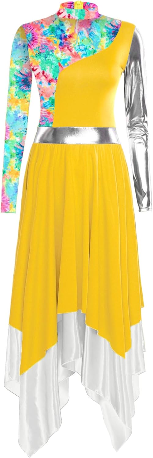 Women Metallic Liturgical Praise Dance Dress Long Sleeve Camouflage Print Worship Overlay Dance Costume