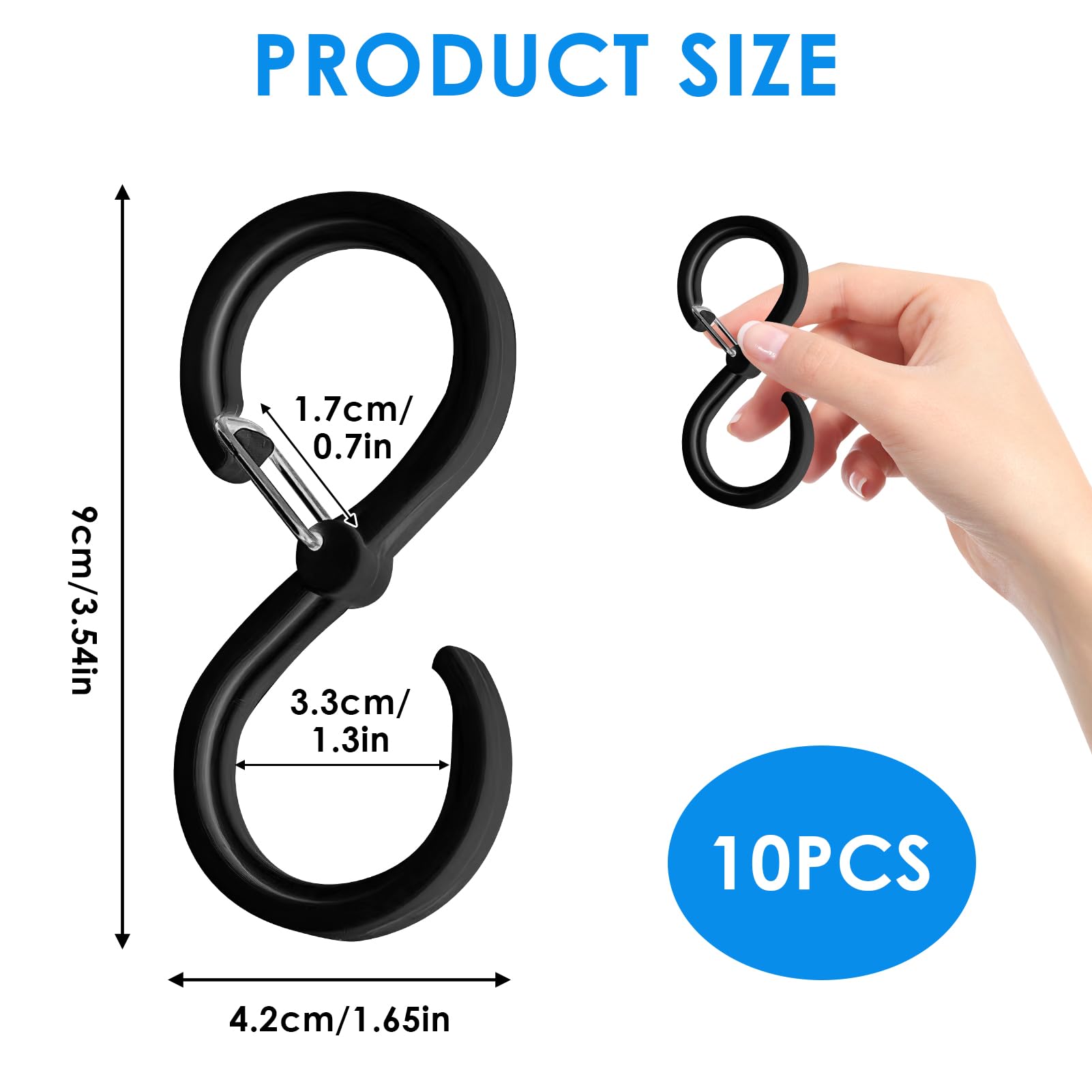 10pcs Large S Hooks for Hanging Heavy Duty, Black S Hook with Safety Buckle Pragmatic S Shaped Hanging Hooks Suitable Diameter up to 3.2cm for Kitchen Bathroom Bedroom Utensils Clothes Towels(9.2cm) - Image 3