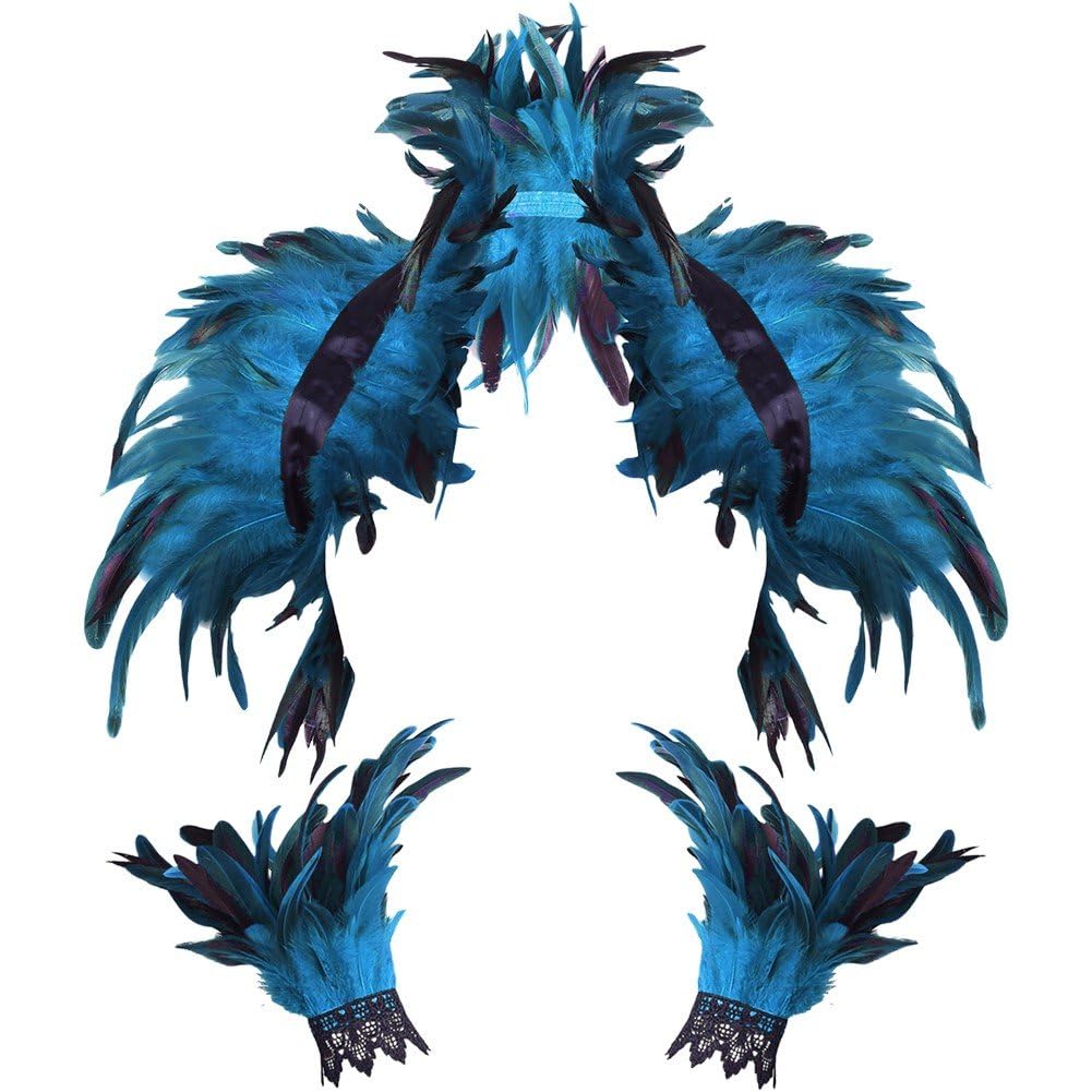 Luxylei Gothic Women Feather Cape with Wrist Cuffs Wristband Masquerade Masks Costume Gothic Lacing Shawl Shrug Collar Feather Cloak for Party