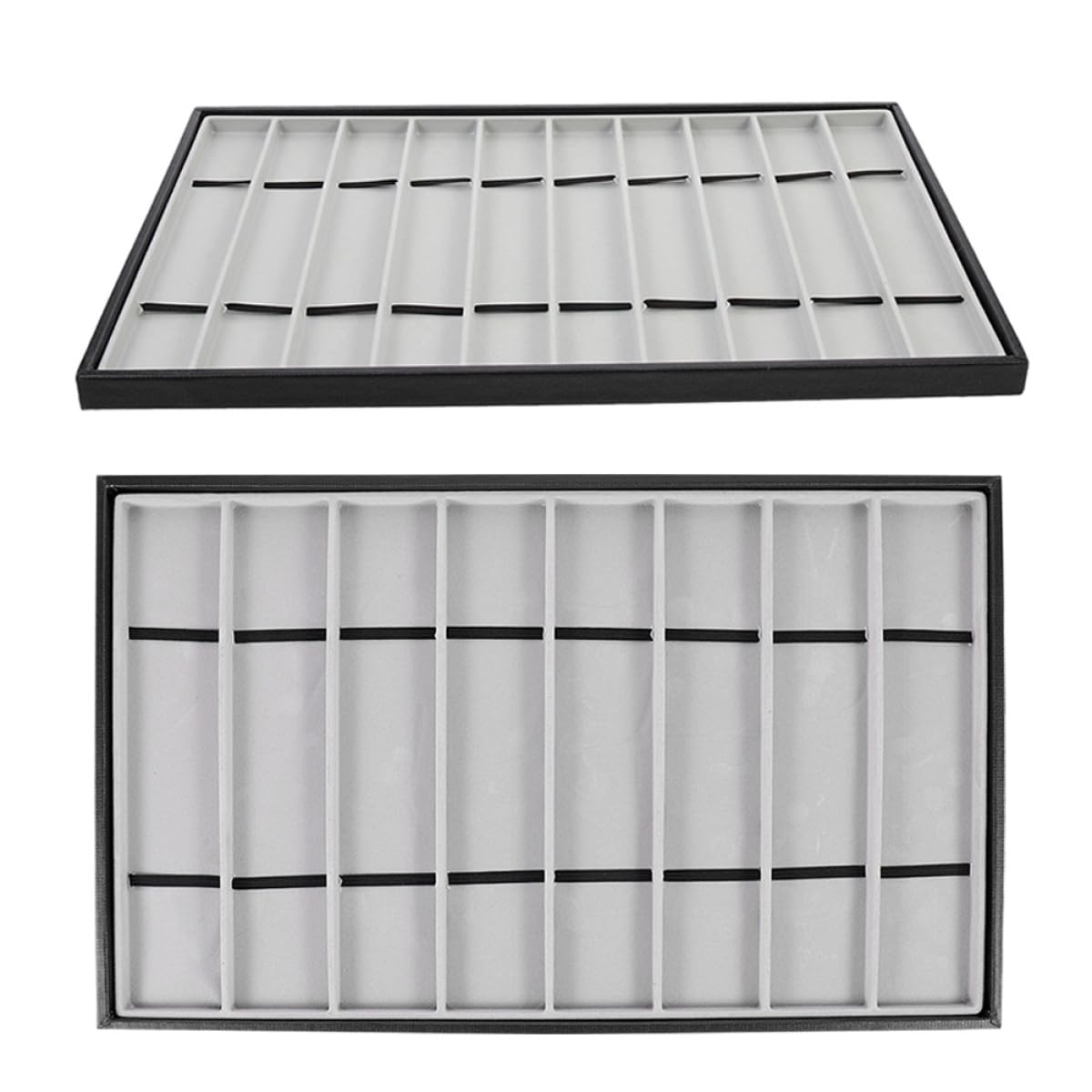 Bandeja Expositora para Correas y Relojes de Pulsera 2 Piezas Organizador Rectangular Borde de Piel Negra y Interior de Terciopelo Gris 10 y 8 Compartimentos Soporte para