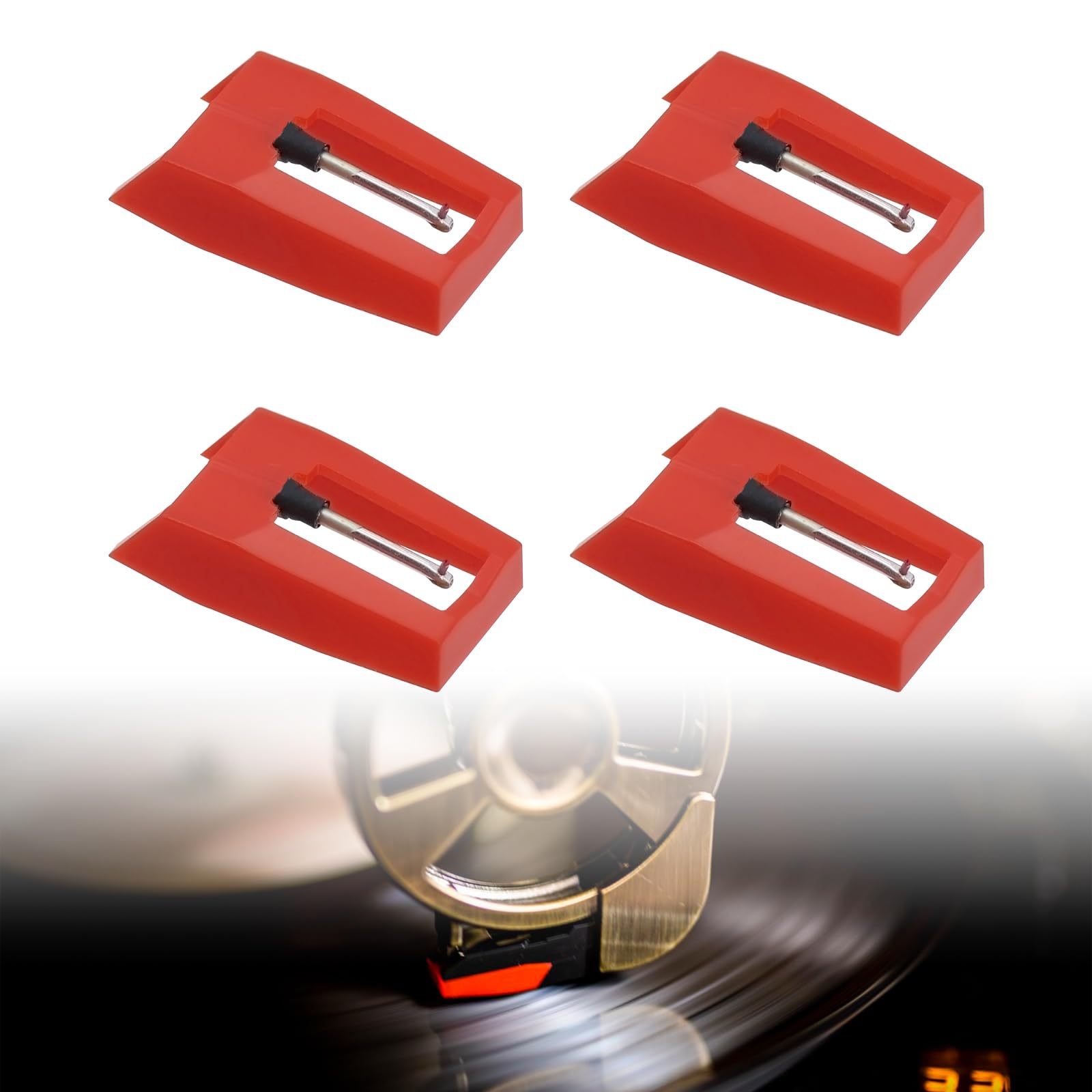 Aiguille Tourne Disque, Diamant Platine Vinyle, Saphir Platine Vinyle, Aiguille Diamant de Remplacement, Aiguille Tourne Disque Universel Platine pour Tourne Disque en Vinyle (Rouge) (4Pcs)