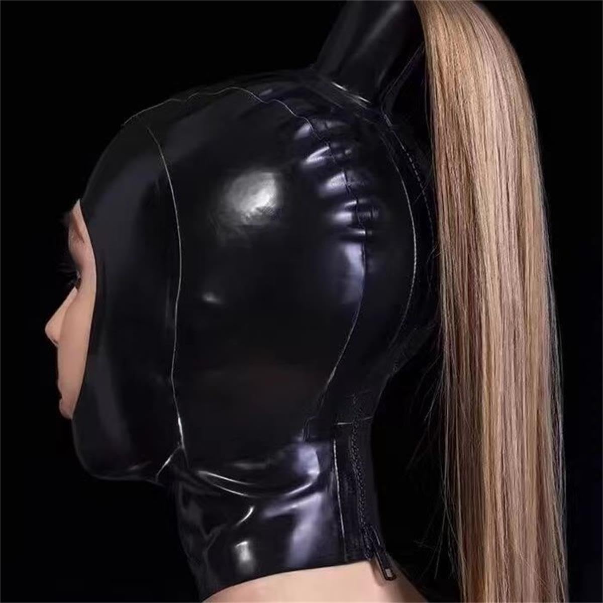 Negro Látex Cabeza Cubrir con Peluca,Látex Máscara de Cabeza Capucha de Goma Cabeza Cubierta para Cosplay Fiesta Ropa de Club (XS)