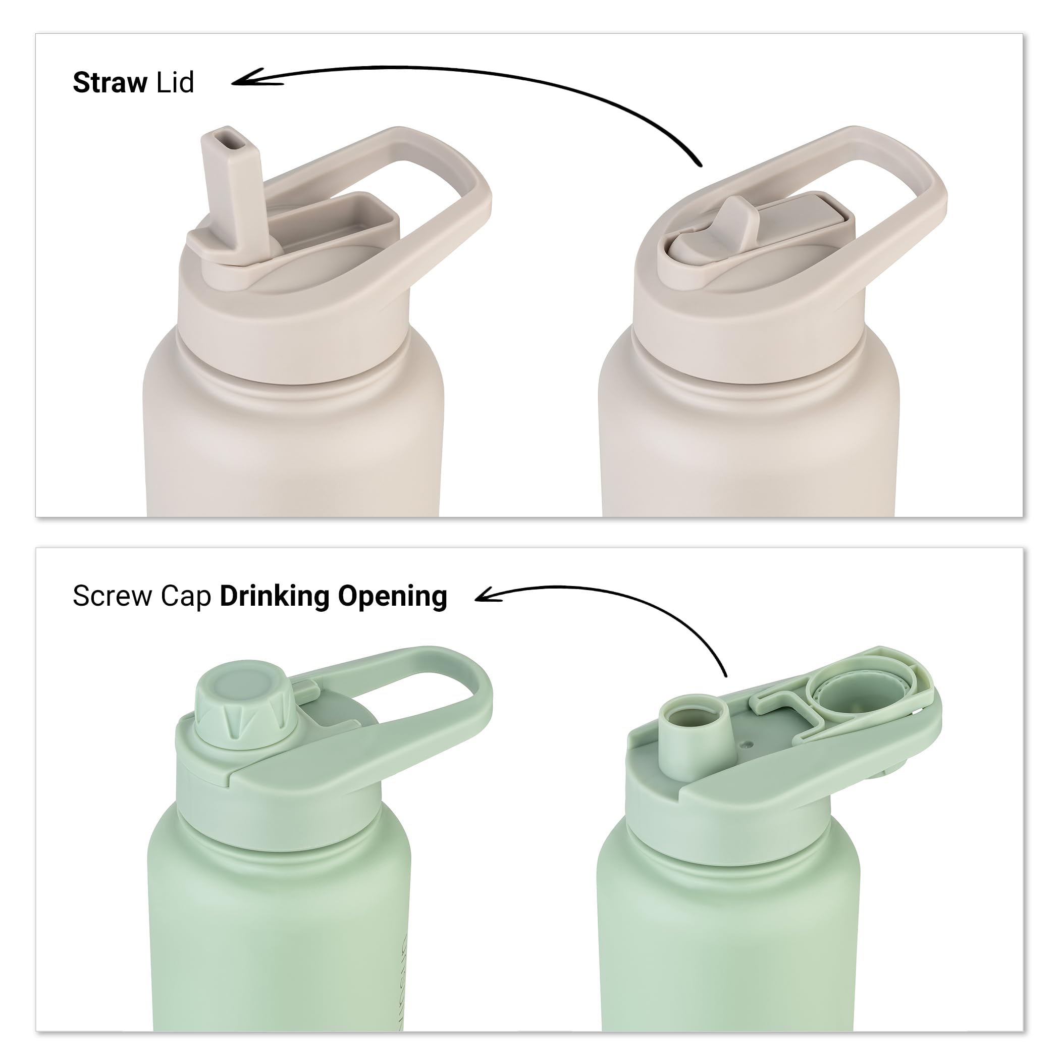 VINSUN Stainless Steel Water Bottle Green 1L, Leakproof, Carbonic Acid Suitable, BPA Free, Straw Lid, Drinking Opening - Image 2