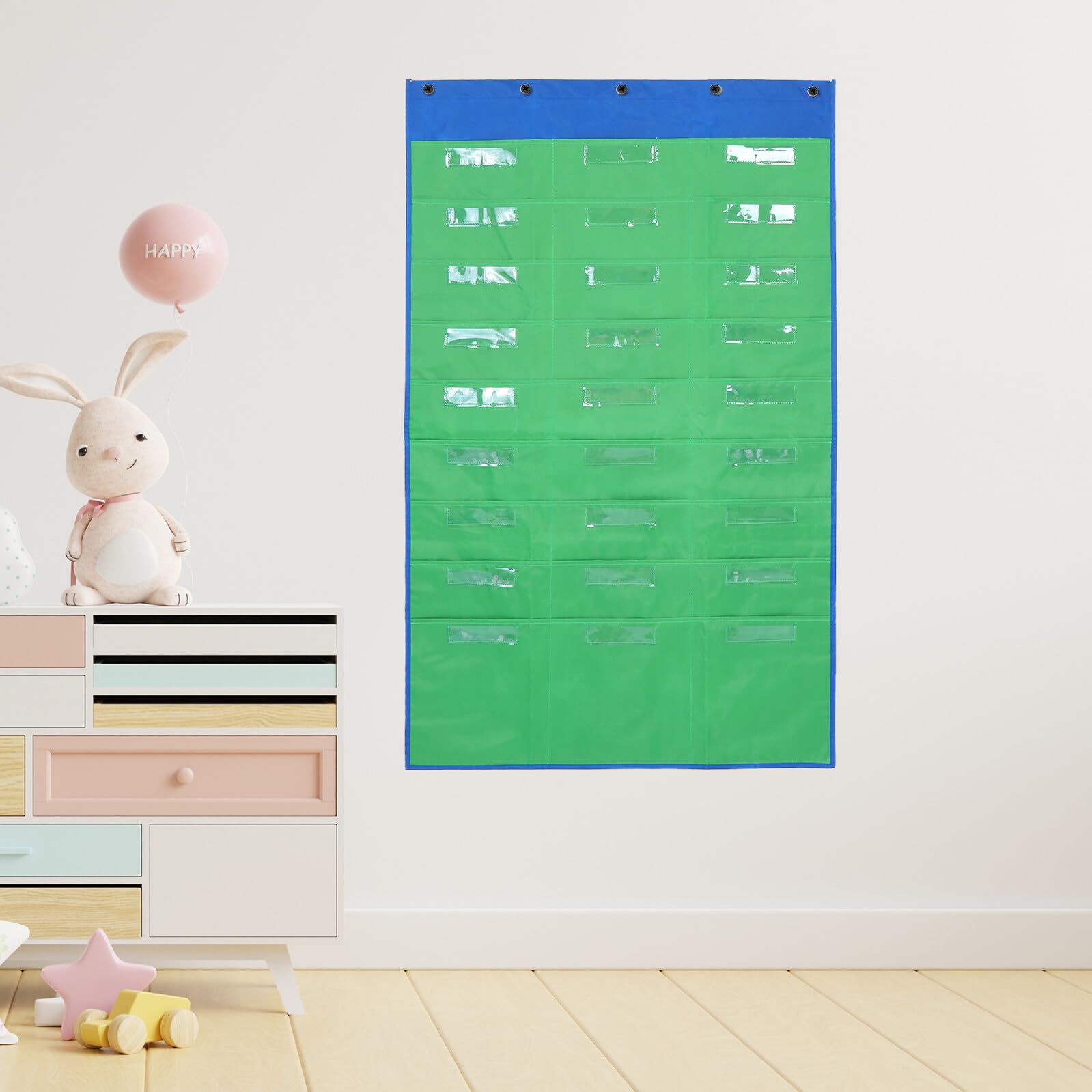 PLAFOPE Paquet de Rangement Mural Vert à 27 Pochettes 216 X 229 CM en Tissu Résistant Organiseur Suspendu pour Classe Porte-Documents pour Devoirs et Supports Pédagogiques Outil