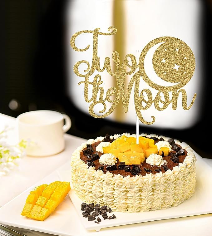 Image of Two the Moon Cake Topper | Happy 2nd Birthday Cake Topper | 2nd Birthday Party Decoration Supplie | Smash Cake Decoration | Photo Booth Props | Gold Glitter