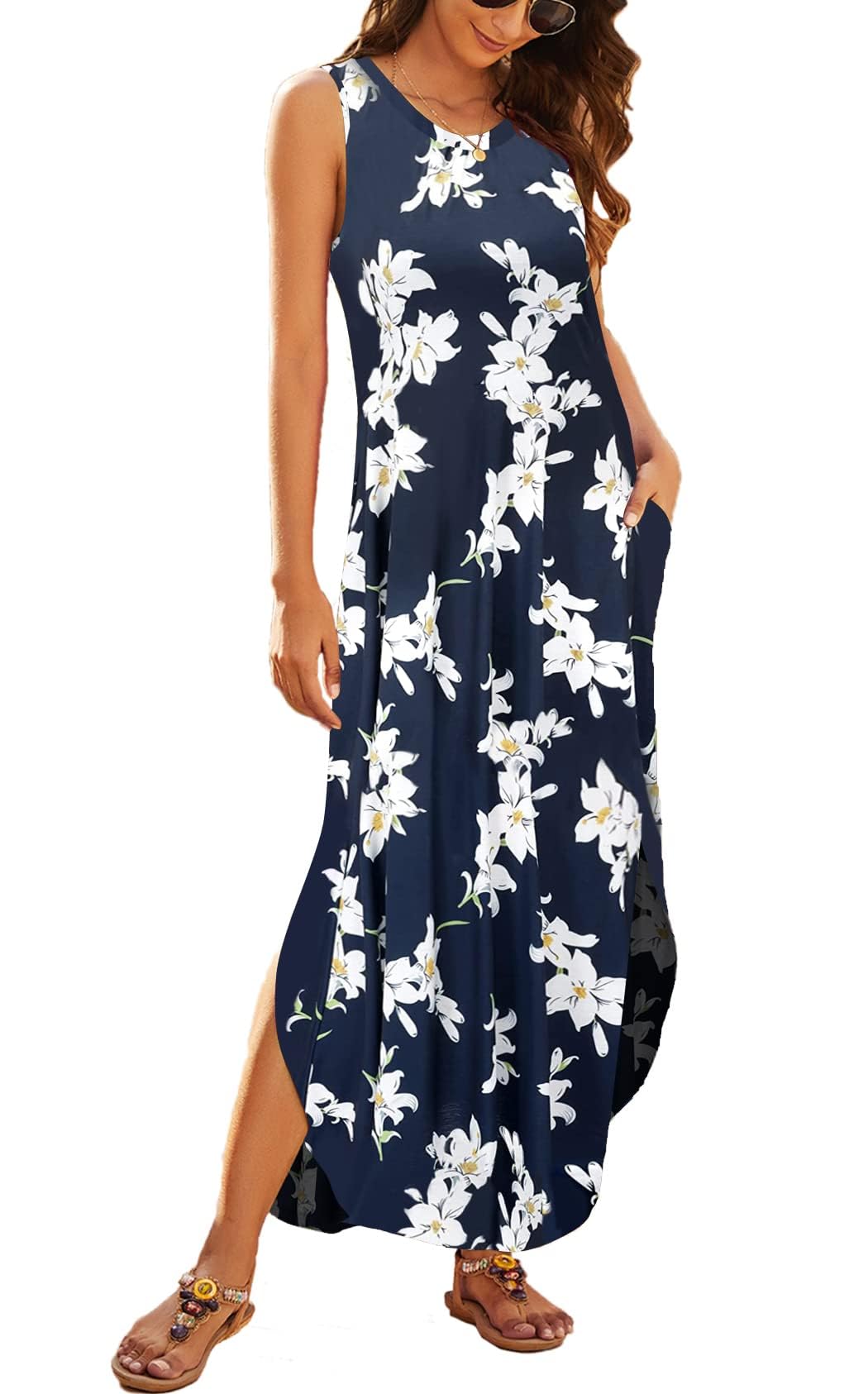 Hount Vestido casual de verano sin mangas para mujer, vestido largo suelto con bolsillos