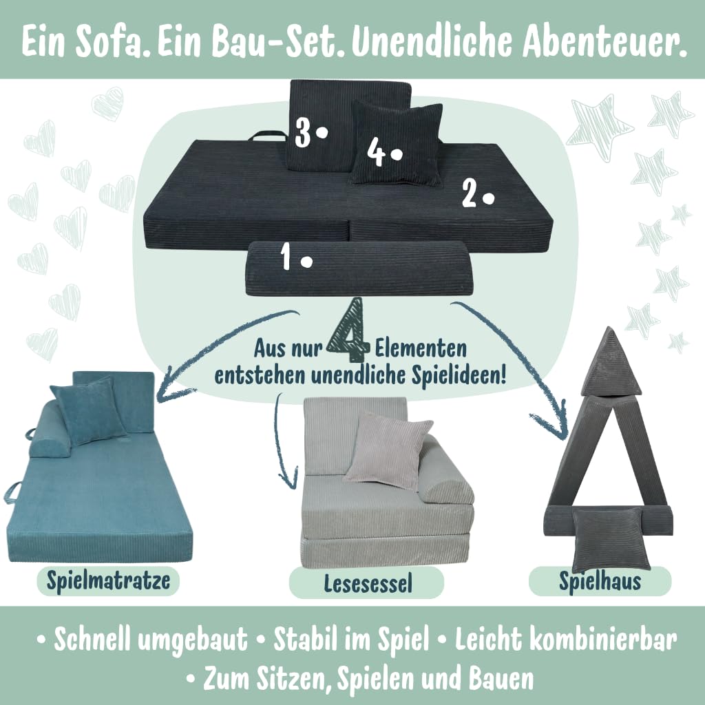 Spielsofa für Kinder & Kindersessel aus Cordstoff | Weiches Kindersofa | Bequeme Kinder Couch mit abnehmbaren, waschbaren Bezügen | Ergonomisches Spielsofa für Spielzimmer, Hellblau