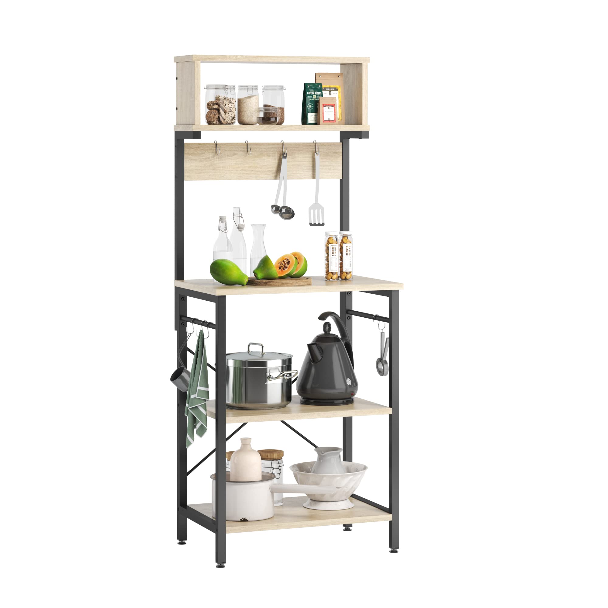 Bestier Kitchen Baker's Rack Microwave Oven Stand Shelf with Hutch 8 Side Hooks Coffee Station Utility Storage Shelf for Dining Room Living Room