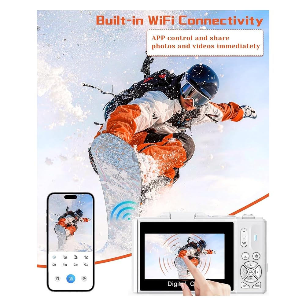 Fotocamera Digitale Compatta 5K con Schermo Flip A 180°, Fotocamera Vlog Autofocus WiFi Ideale per Principianti e Fotografia per Adolescenti B