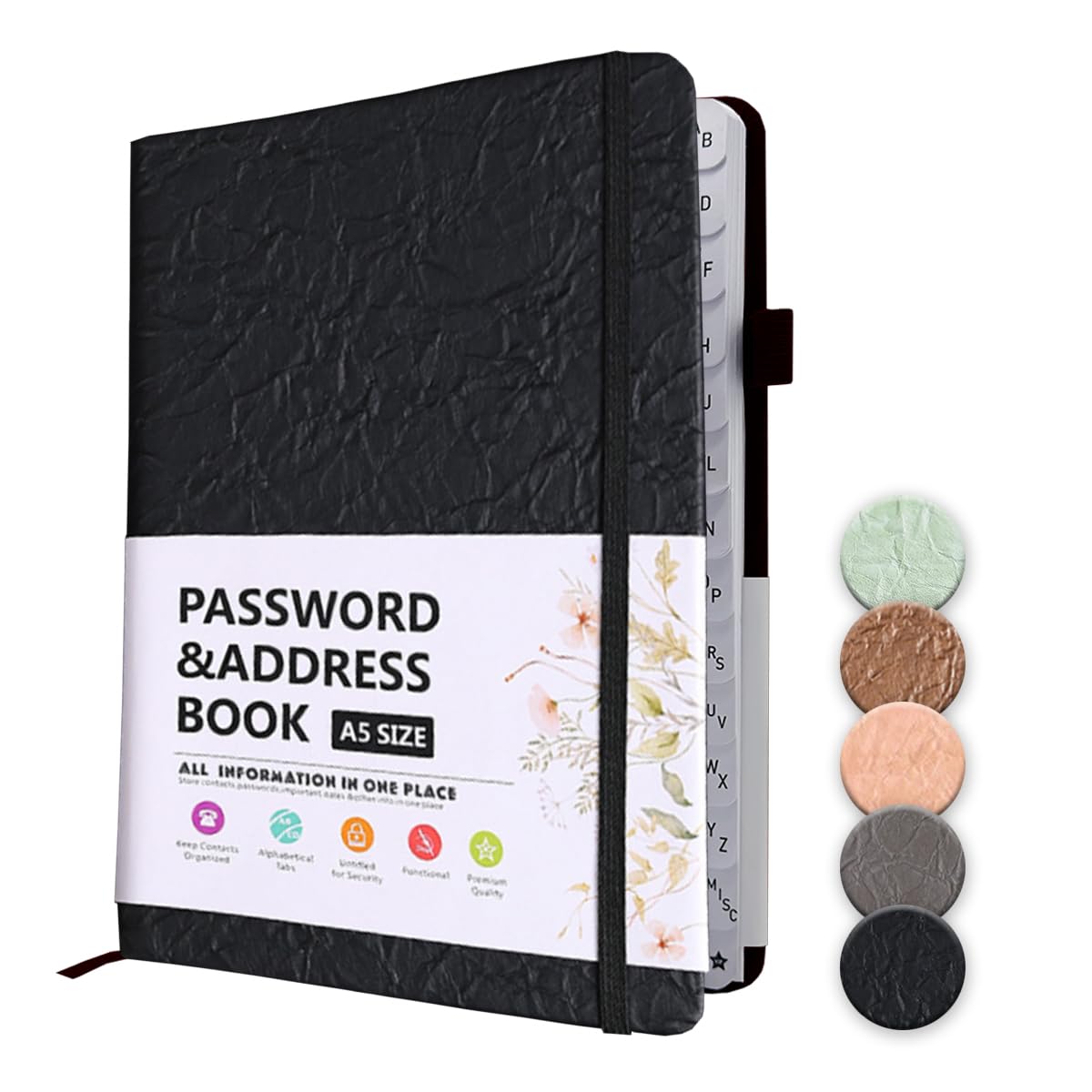 Passwortbuch, Passwortbuch mit Register A-Z, und Gelstifte,kleines Passwortbuch für Senioren, Passwortbuch mit bunten alphabetischen Tabs, mit Stiftschlaufe, Gummiband, Innentasche,Schwarz
