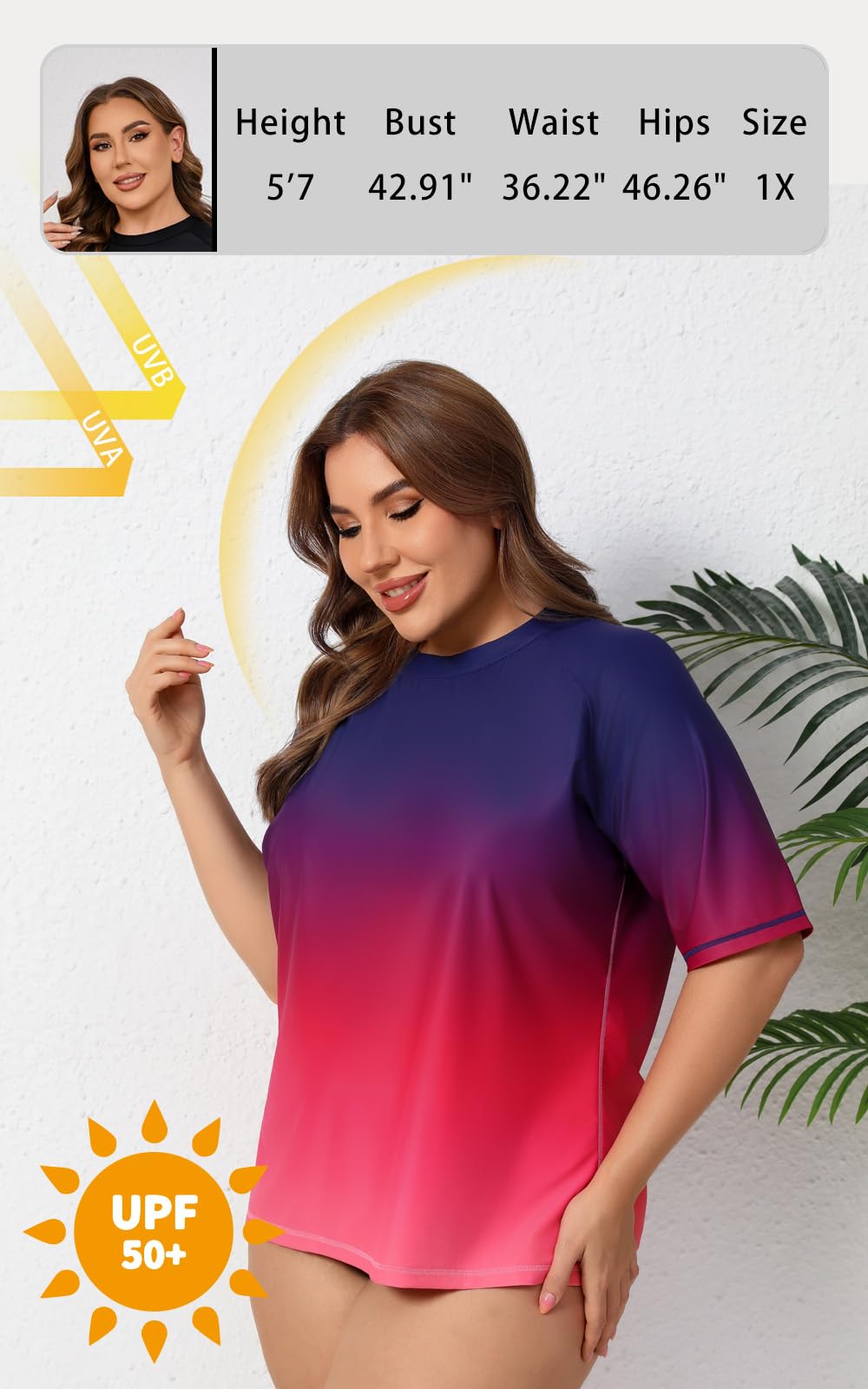 Halcurt Maglietta da nuoto da donna, taglie forti, UPF 50+, protezione solare UV, ad asciugatura rapida, 1X 4X, Ombré viola rosso, 3XL plus