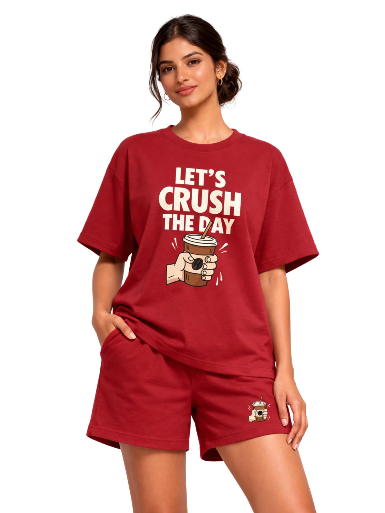 Women Cotton Night Suit, Maroon Printed T-Shirt & Shorts Pajama Set, Soft Comfortable Summer Nightwear-image-46