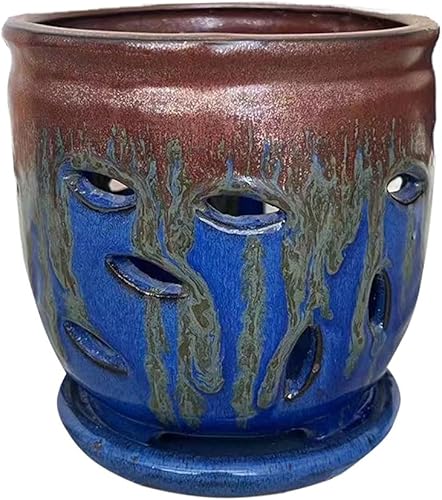 Macetas grandes de cerámica para orquídeas con agujeros, maceta con platillo para plantas de interior, decoración del hogar, maceta redonda (azul +