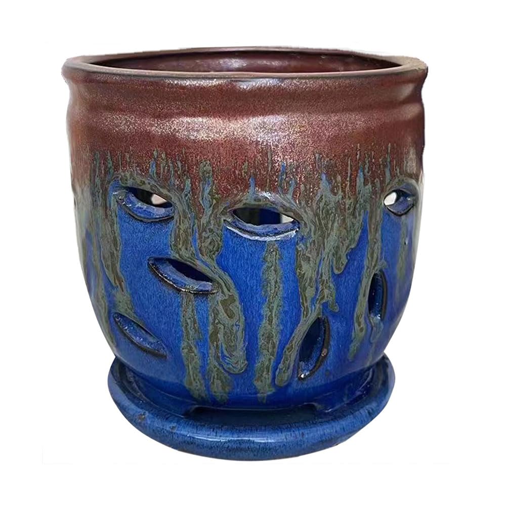 Large 6inch Ceramic Orchid pots with Holes, Flower Pot with Saucer for Indoor Plants Home Decorative, Round Planter (Blue+Golden Brown)