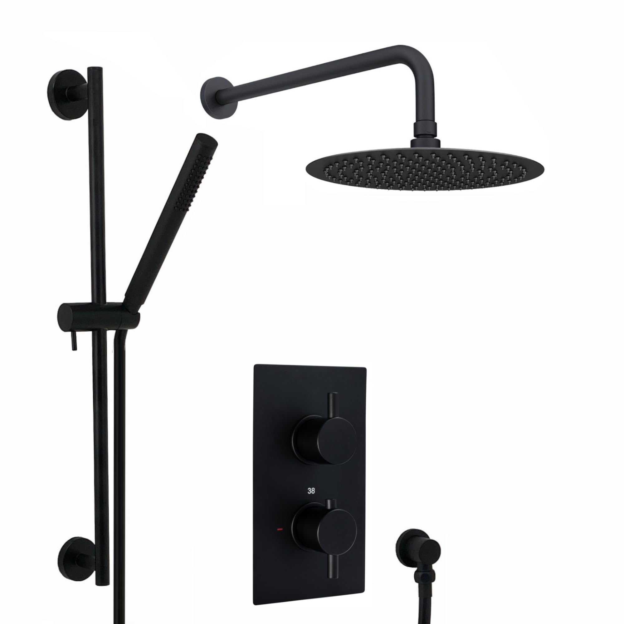 Enki Black Naples, Sh0303, Contemporary Round Concealed Thermostatic Shower Set Incl. Twin Valve, Wall Fixed 8" Shower Head, Slider Rail Kit - Matte (2 Outlet)