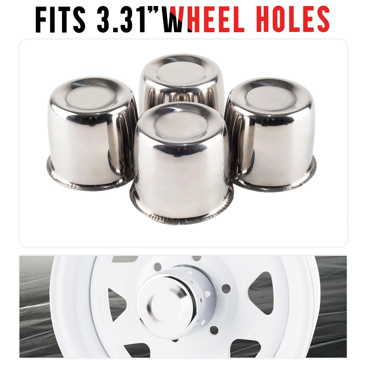 4Pcs 3.37inch Stainless Trailer Wheel Center Caps 3.37" OD 3.03