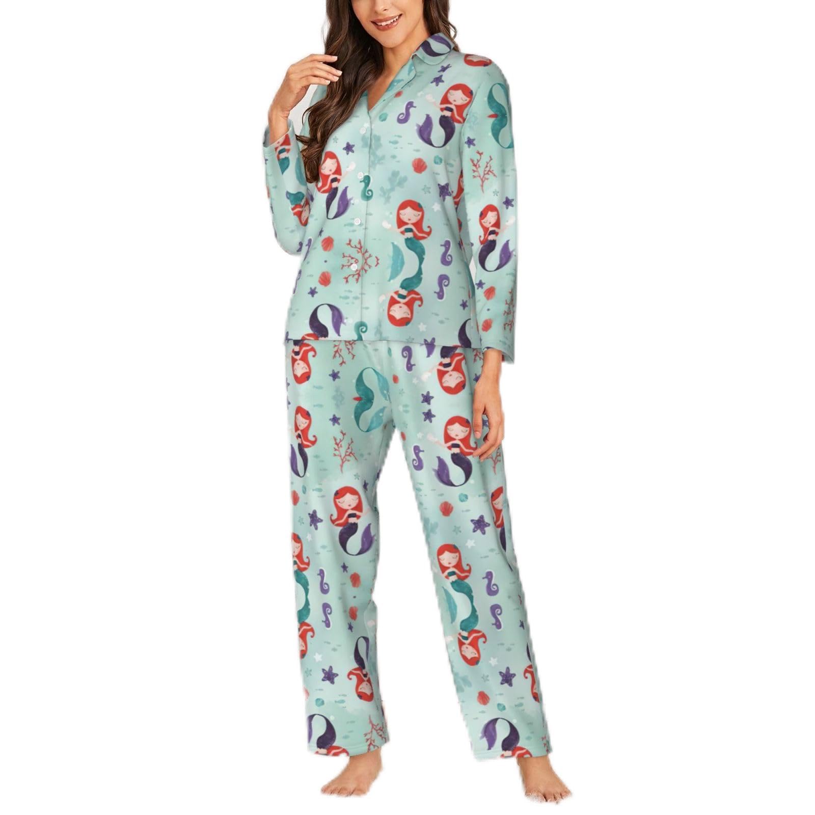 Migpkd Women's Black Beautiful Mermaid Pajamas For Set Long Sleeve Button Down Sleepwear 2 Piece Nightwear Pjs Sets