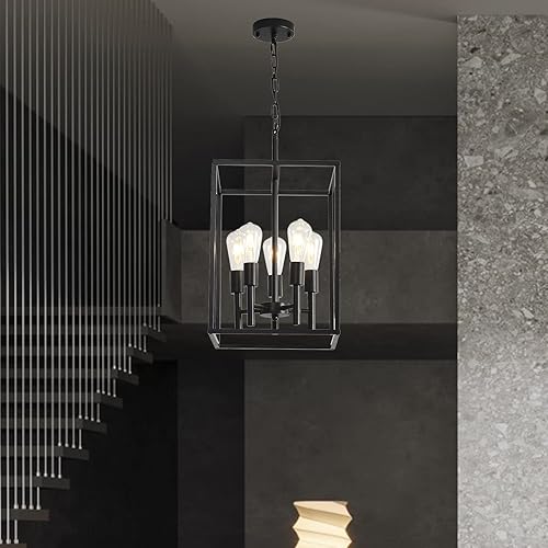 Miniatura 5 de Candelabro clásico negro para vestíbulo, 5 luces, estilo granja, lámpara colgante de techo con pantallas de jaula cuadrada, accesorios para cocina,