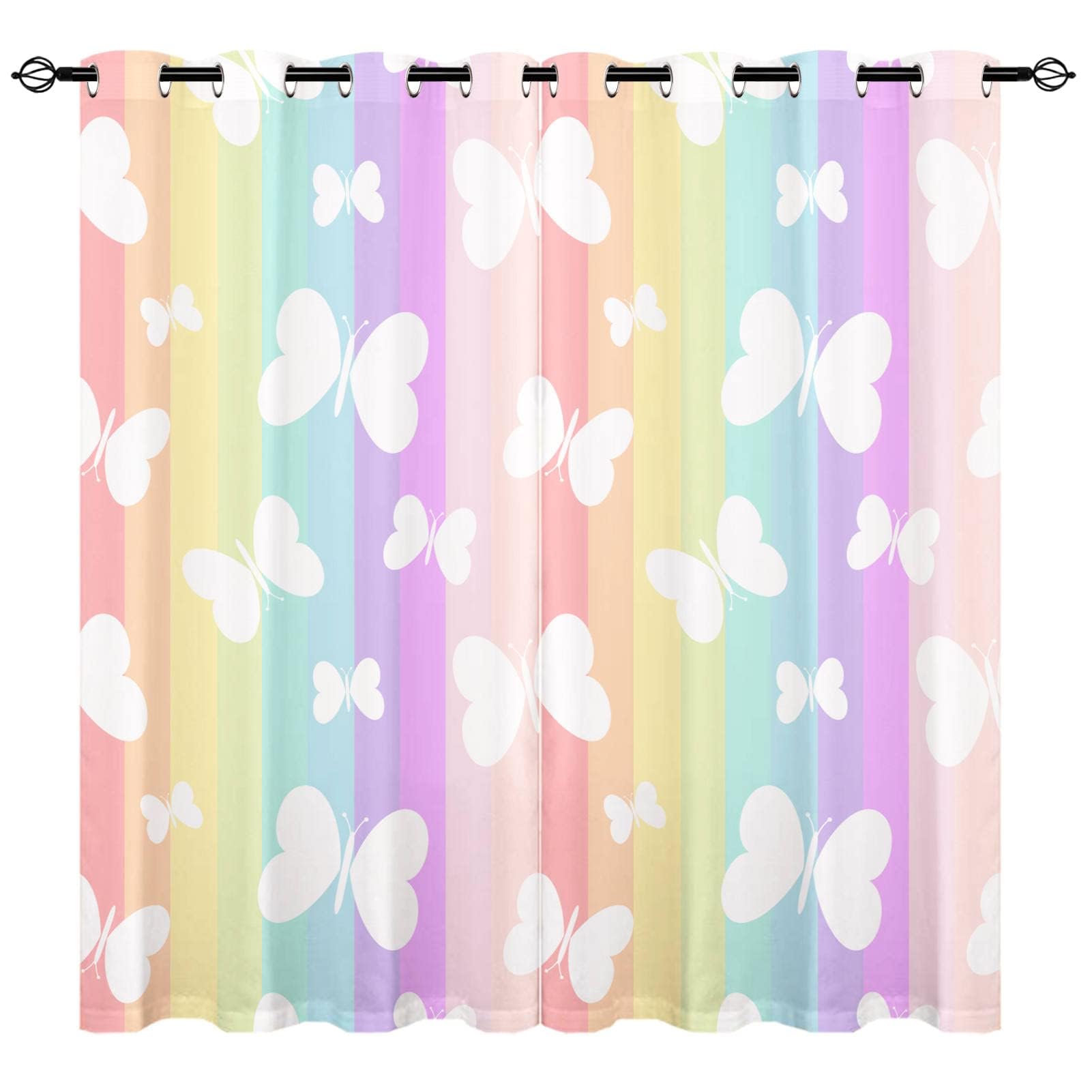 YUANZU Rainbow Butterfly Curtains - Girls Kids Cute White Butterflies on Colorful Stripes Print Pattern Eyelet Blackout Thermal Insulated Window Drapes for Living Room Bedroom 2 Panels W106cm x D160cm