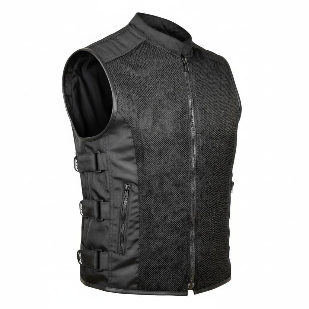 MDM Gilet da motociclista, da uomo, da motociclista, estivo, da motociclista, traspirante, con cerniera, regolabile, nero