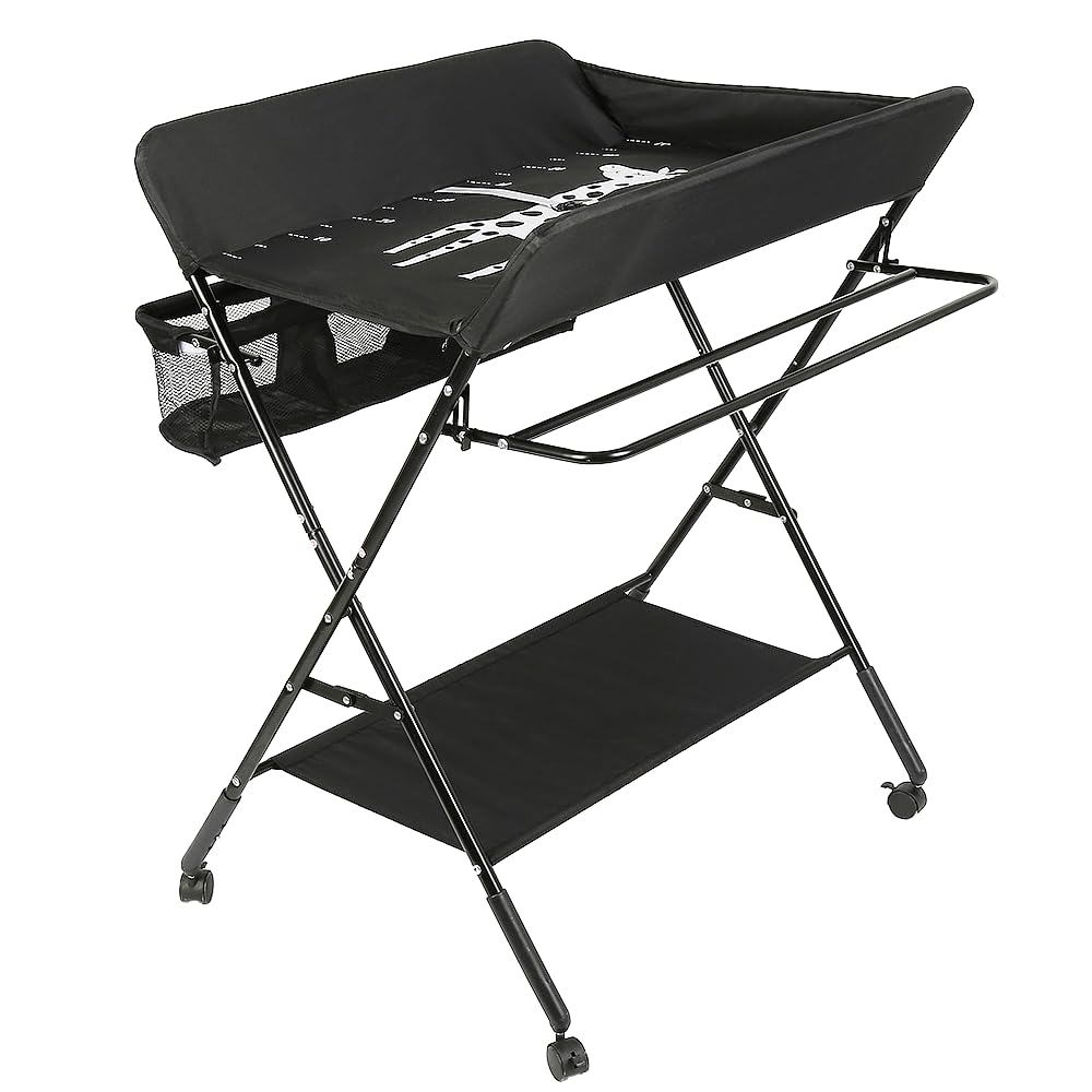 Cambiador Bebe Plegable y Portátil, Cambiador de Pañales Plegable con Ruedas Cambiador de Bebé con Espacio de Almacenamiento y Estantes (80 * 66 * 98cm / negro)