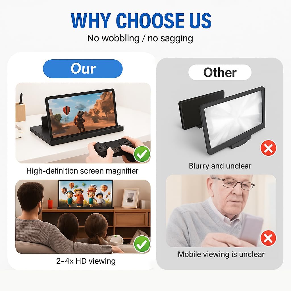 Screen Magnifier for Cell Phone with Adjustable Stand, Foldable Phone Screen Magnifier for Movies & Videos, Hands-Free Viewing, Compatible with All Smartphones (Black, 10'')