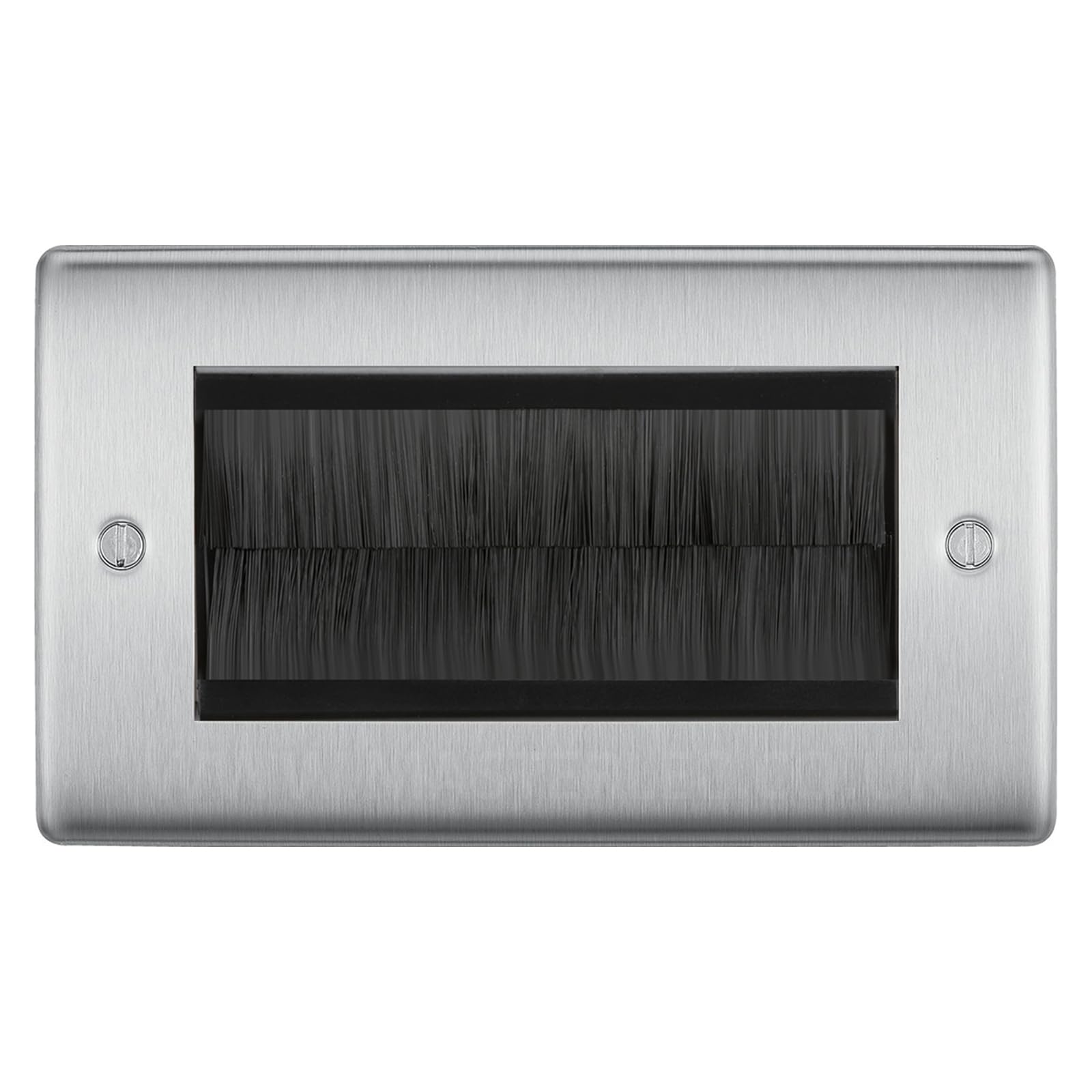BG Brushed Steel Double 4 Gang Brush Cable Entry Wall Plate Black Insert Rectangle