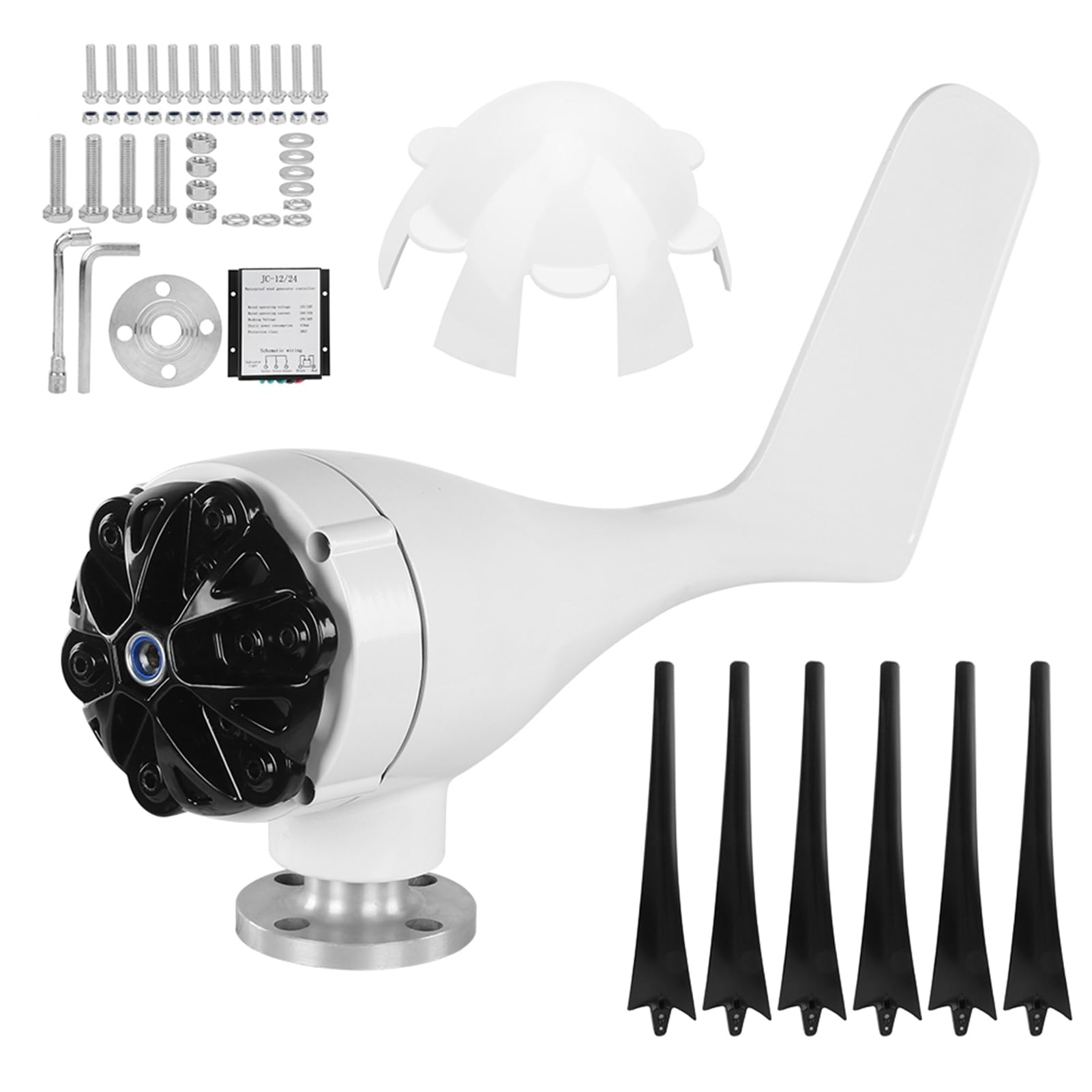 Cocoarm Mini Turbinas Eólicas Generador de Viento Aleación y Plástico 300W 6 Palas 12V 24V 48V Bajo Nivel de Ruido con Controlador para Uso en el Hogar, Granja, Barco Fuera de la Red (24V)