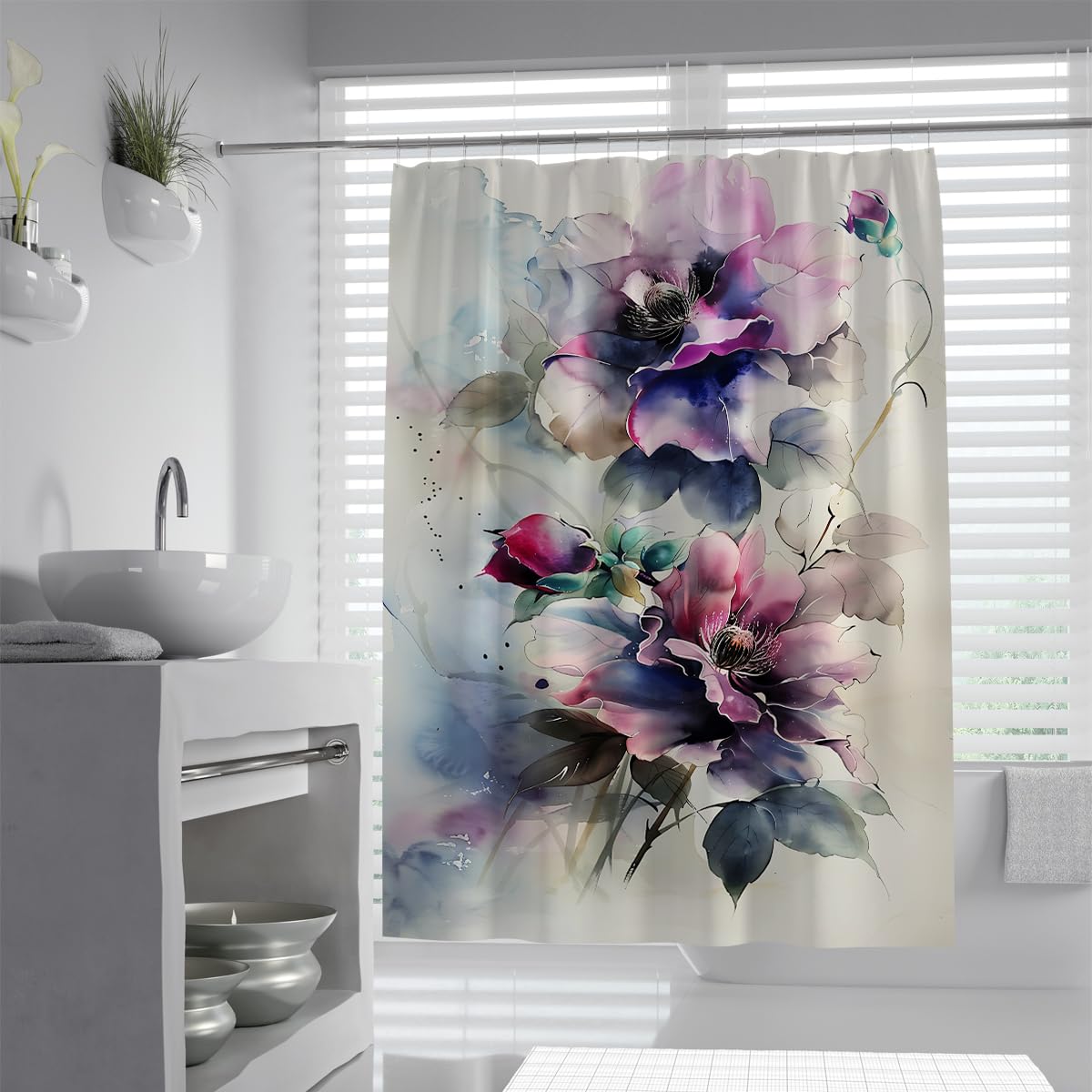 Rideaux de Douche Art à l’Encre Abstraite Rideaux de Douche en Fleur de Pivoine avec Crochets Décoration de Salle de Bain Lavable imperméable W220xL180 cm