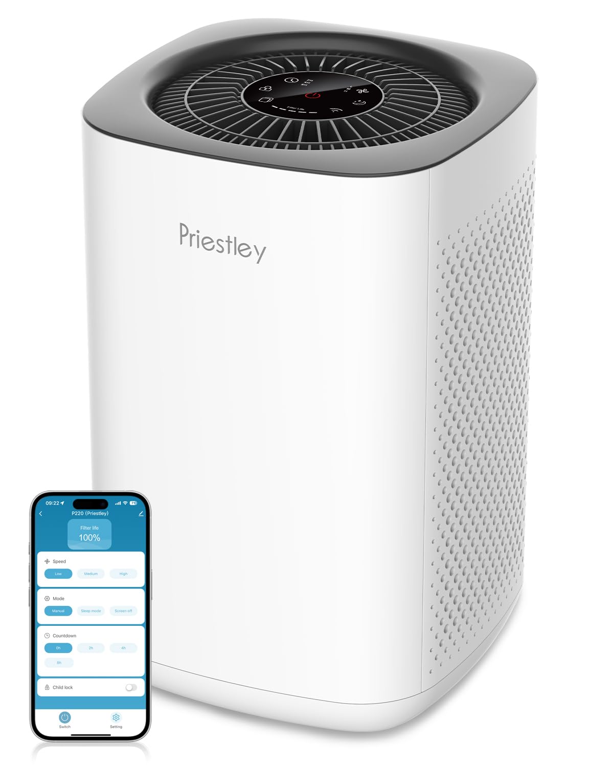 Priestley Air Purifier for Bedroom, Home, Dorm Up to 1100Ft², Smart WiFi Air Purifiers, 3-in-1 Air Filter with HEPA Sleep Mode, Remove Dust Smoke