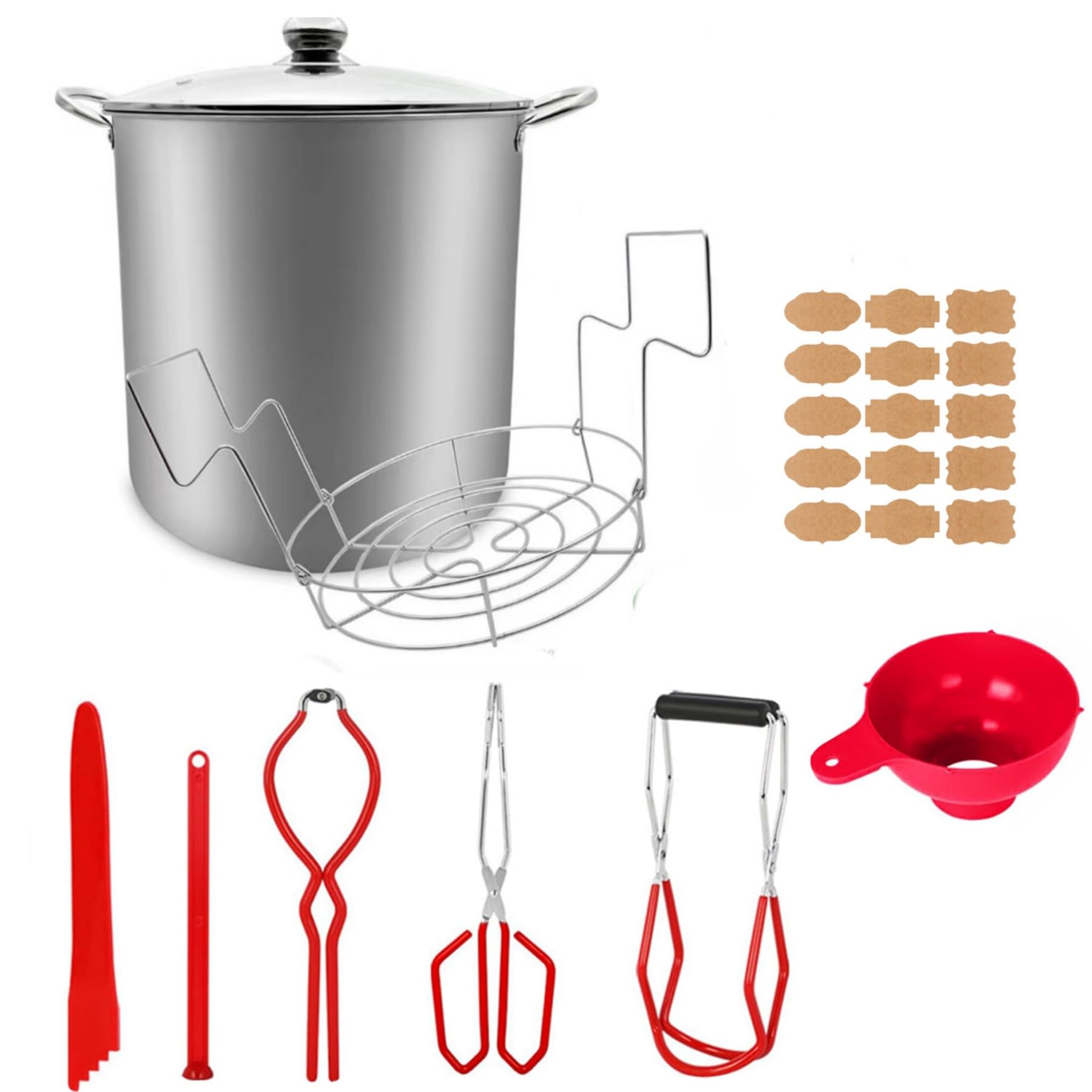 Set di conserve in acciaio inox da 20L, 9 pezzi in acciaio inox con bagnomaria, struttura portante, coperchi, sollevavasi, pinza e 30 etichette (Botti non inclusi-rosso)