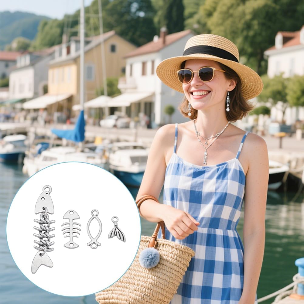 NBEADS 80 Pcs 4 Styles Alloy Fish Bone Charms, Decor Fish Bone Design Charm Connector Ocean Fishbone Pendants for Jewelry Making Charms Pendants Necklaces Keychains DIY Crafts - Image 5