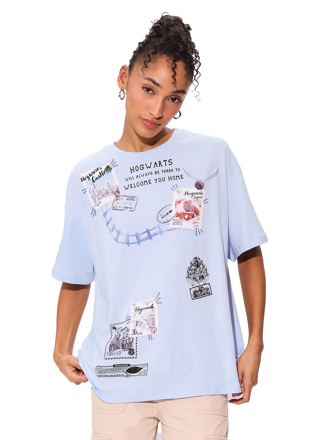 The Souled Store Official Harry Potter: Hogwarts Women and Girls Short Sleeves Round Neck Blue Graphic Printed Cotton Oversized T-Shirts